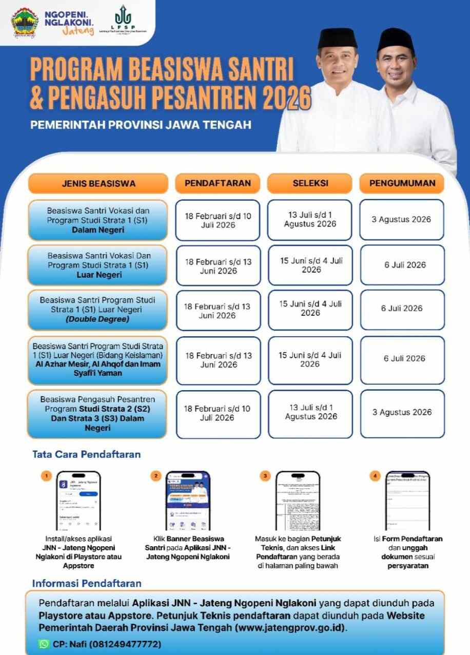Pemprov Jawa Tengah Buka Beasiswa Santri dan Pengasuh Pesantren 2026, Pendaftaran Dibuka Tanggal 18 Februari